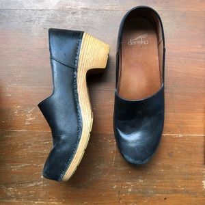 Dansko Black Leather Clogs with Wooden Heel